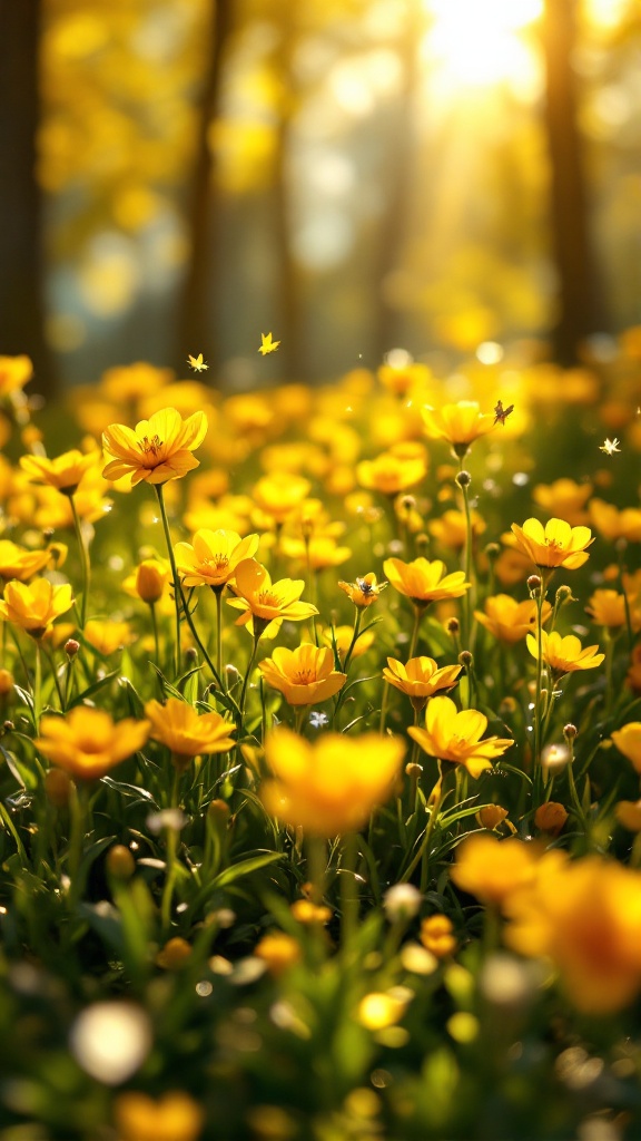 A field of bright yellow buttercup flowers glowing in sunlight