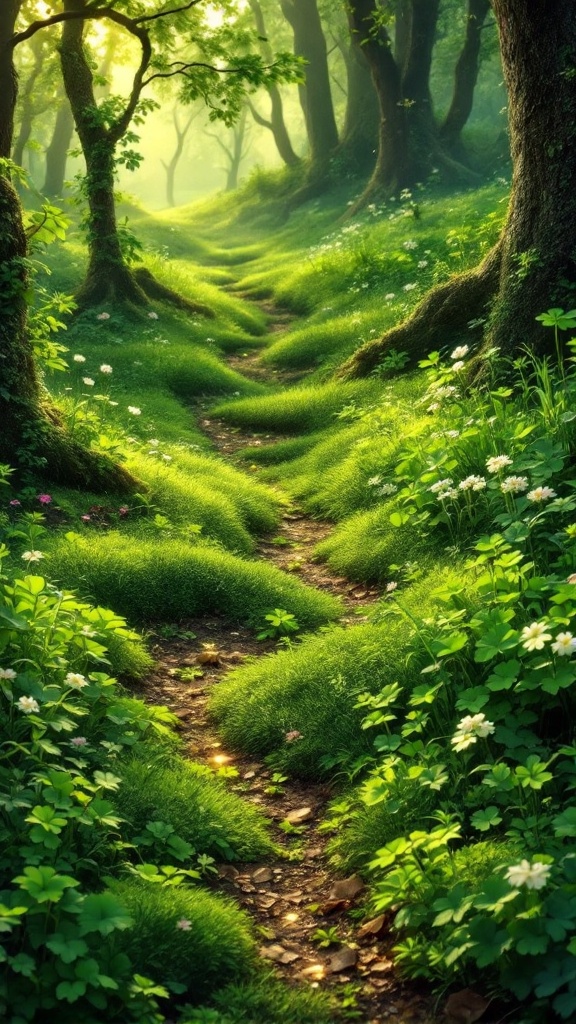 A serene forest path surrounded by lush greenery and flowers, evoking a fairy-tale atmosphere.