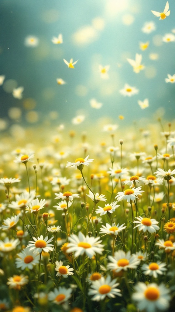 A vibrant field of daisies with soft lighting and a dreamy background.