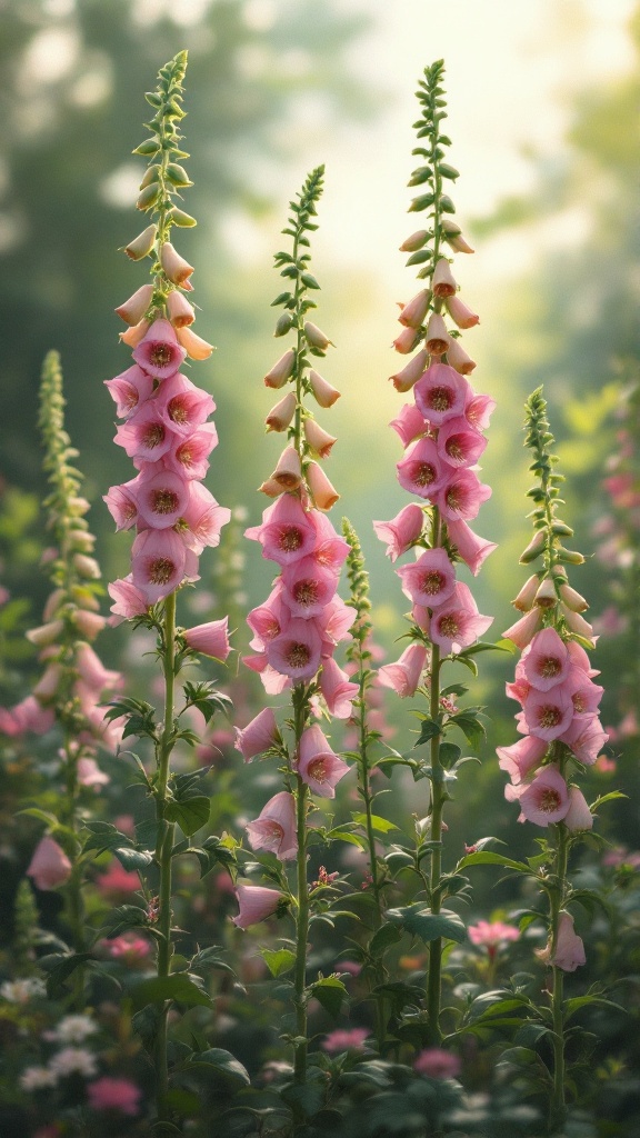 Tall pink foxglove flowers blooming in a serene garden setting.