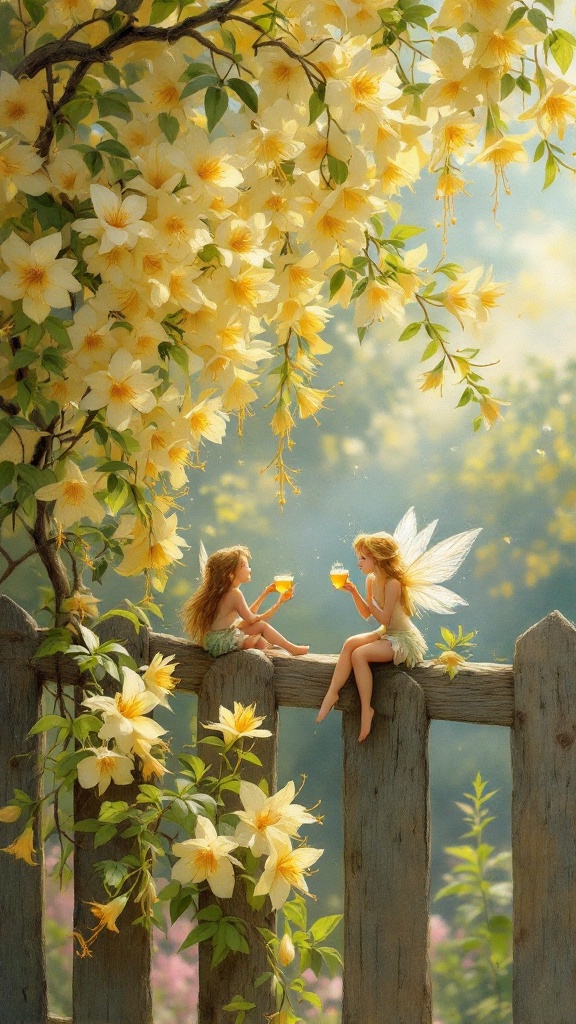 Two fairies sitting on a fence surrounded by blooming honeysuckle flowers, enjoying drinks.