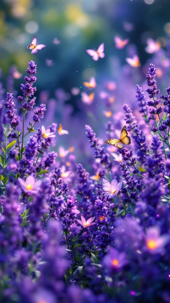 A beautiful scene of lavender flowers with butterflies fluttering around.