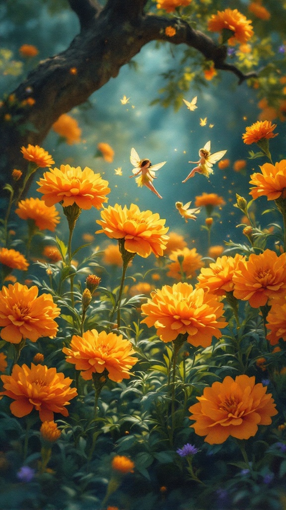 A vibrant garden filled with blooming marigolds and tiny fairies.