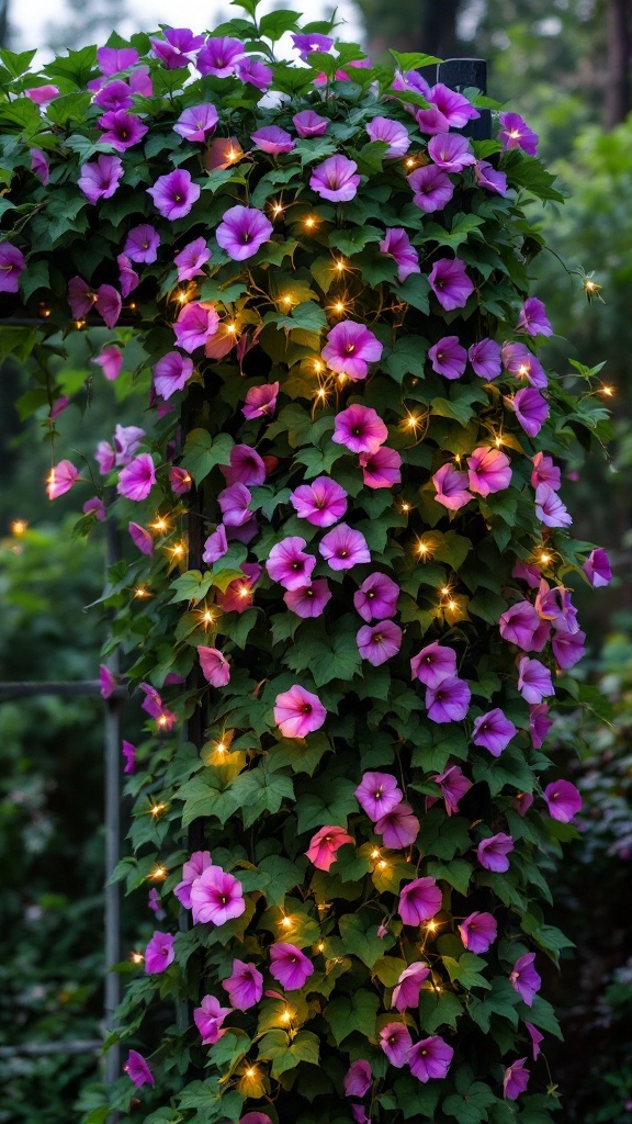 A lush display of morning glory flowers adorned with twinkling lights, creating a magical garden scene.