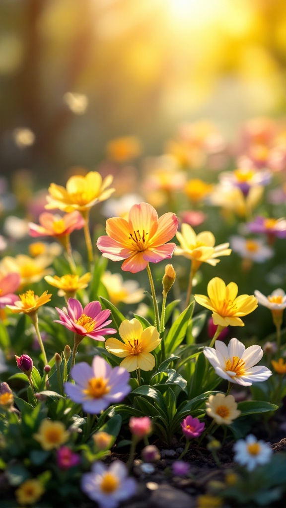 A vibrant field of primroses in various shades of pink, yellow, and white, symbolizing the arrival of spring.